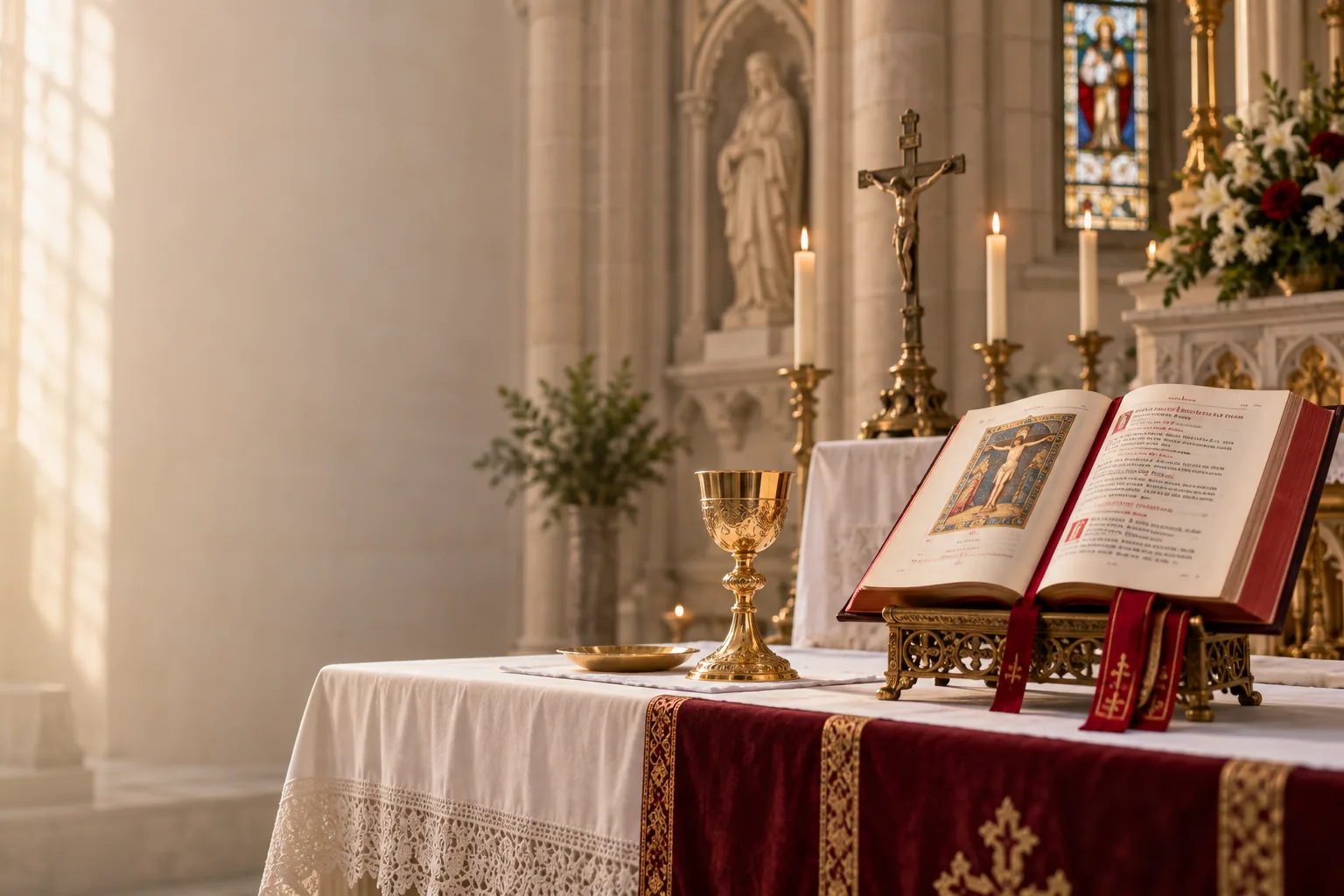 Missel ouvert et calice sur un autel, dans la lumière d’une église.