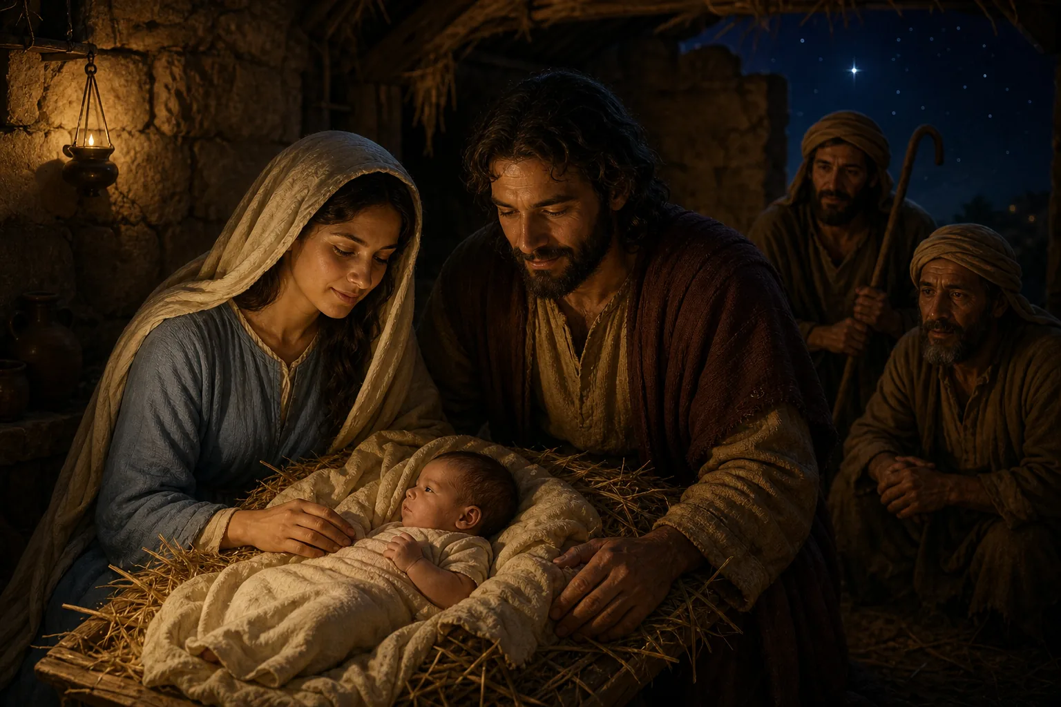 Marie et Joseph contemplent Jésus nouveau-né dans une mangeoire