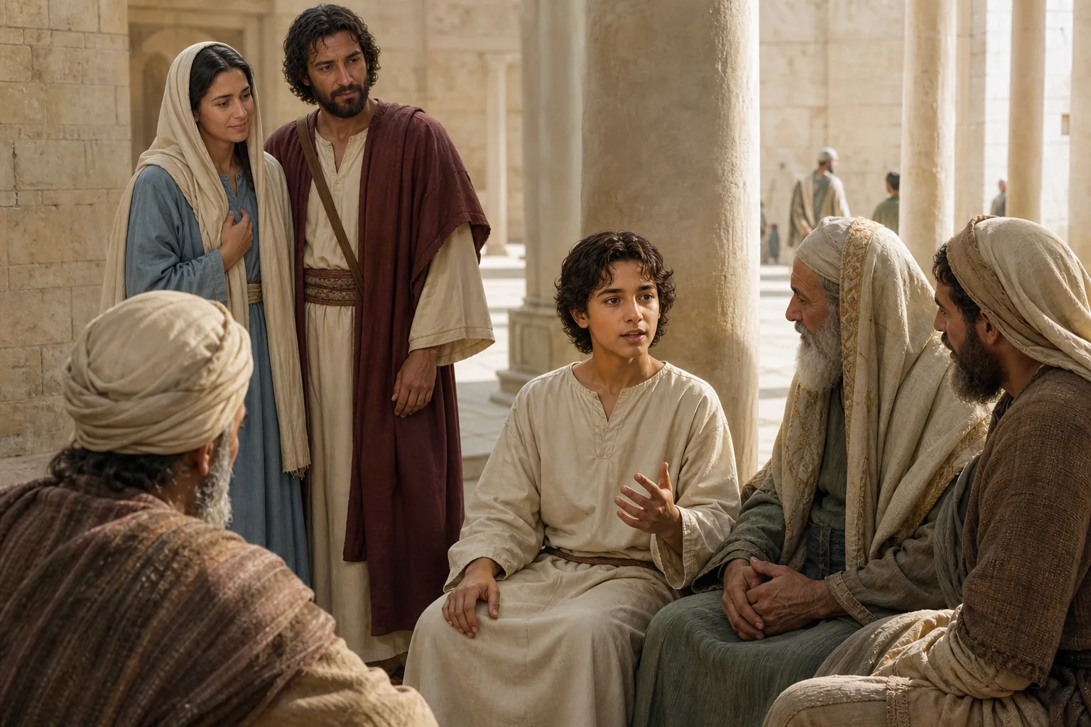 Jésus adolescent échange avec les docteurs tandis que Marie et Joseph le retrouvent