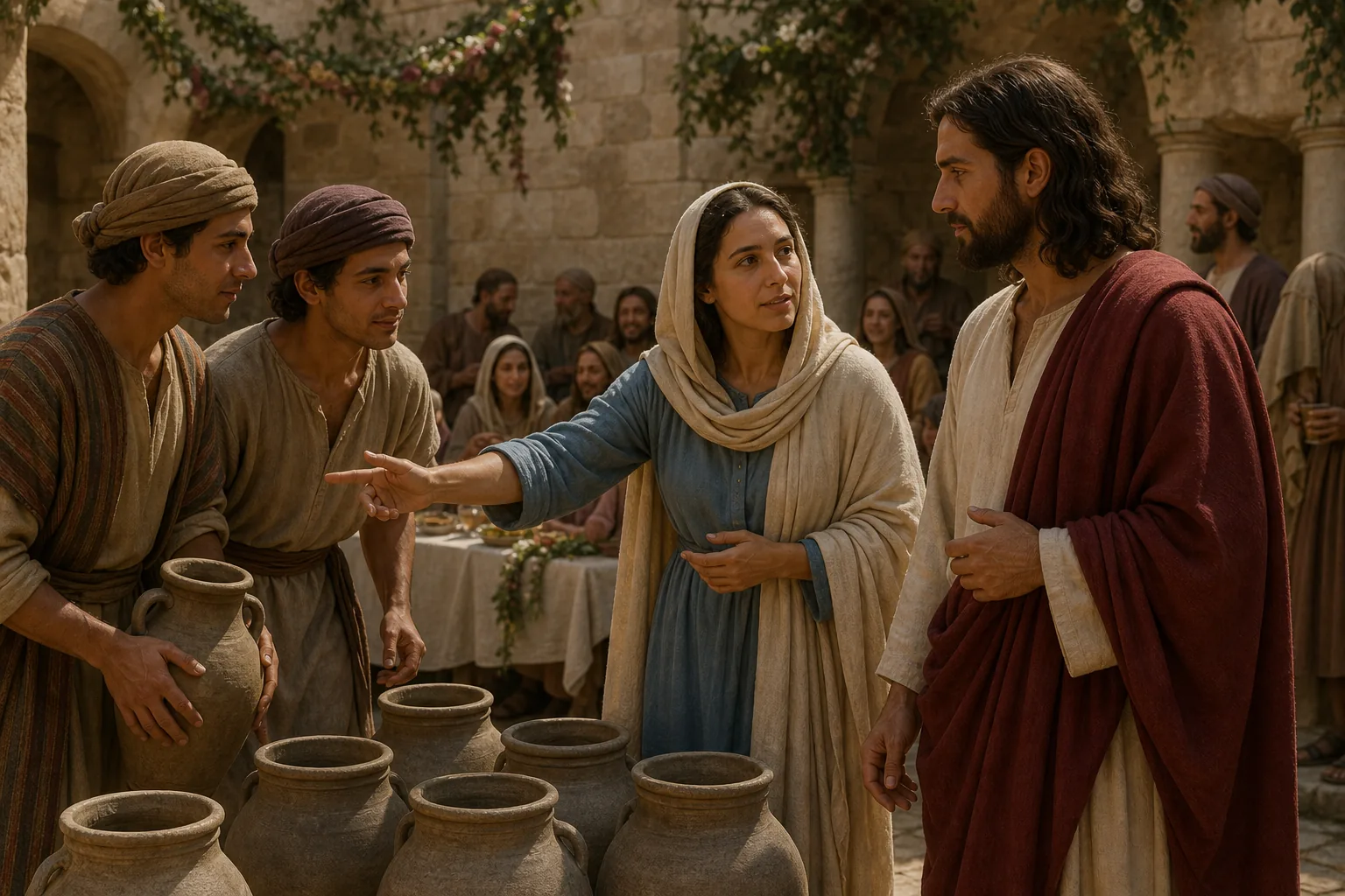 Marie montre les serviteurs à Jésus près des jarres de Cana
