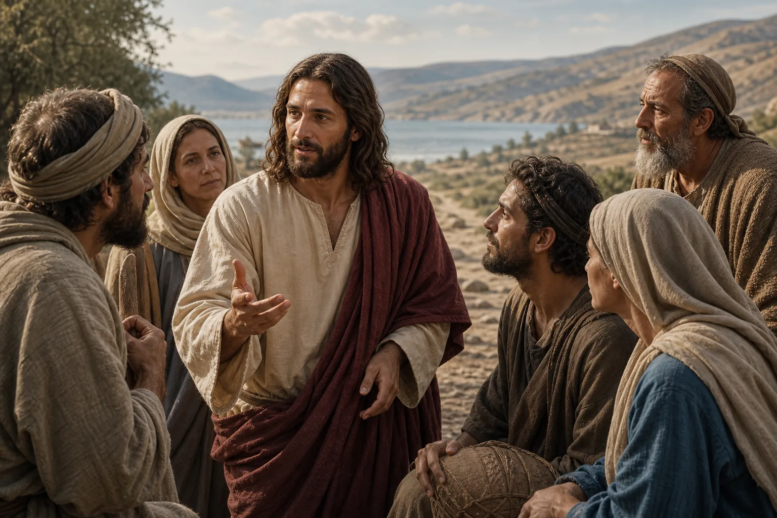 Jésus annonce le Royaume à des femmes et des hommes sur un chemin de Galilée