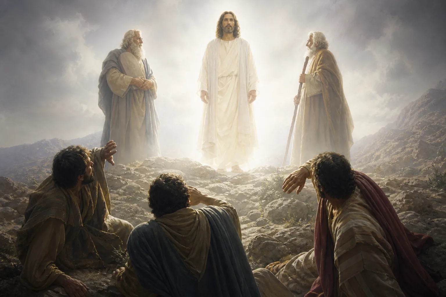 Jésus transfiguré sur la montagne devant trois disciples saisis de lumière