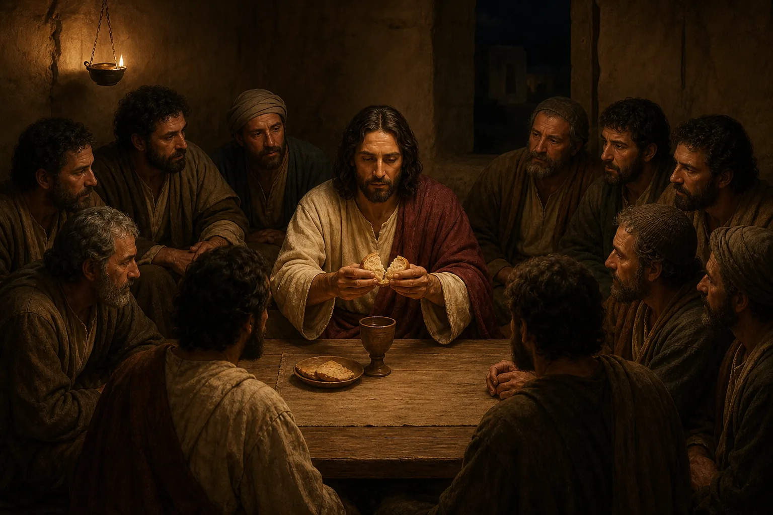 Jésus rompt le pain devant les apôtres réunis autour de la table