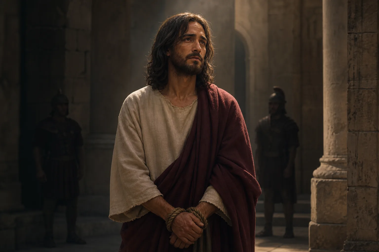 Jésus demeure debout avec dignité dans une cour romaine après sa condamnation