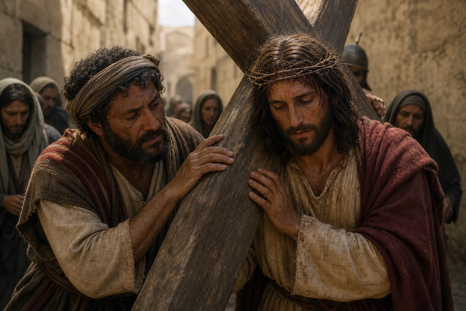 Simon de Cyrène aide Jésus à porter la croix dans une rue de Jérusalem