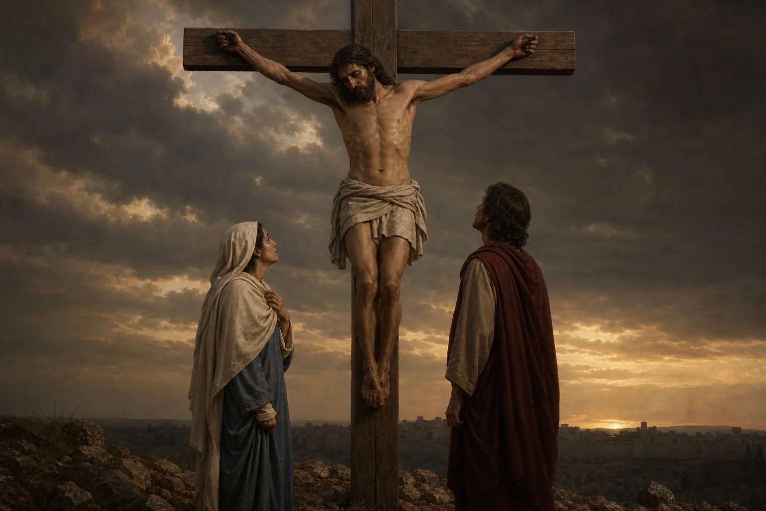 Marie et le disciple bien-aimé se tiennent au pied de Jésus crucifié