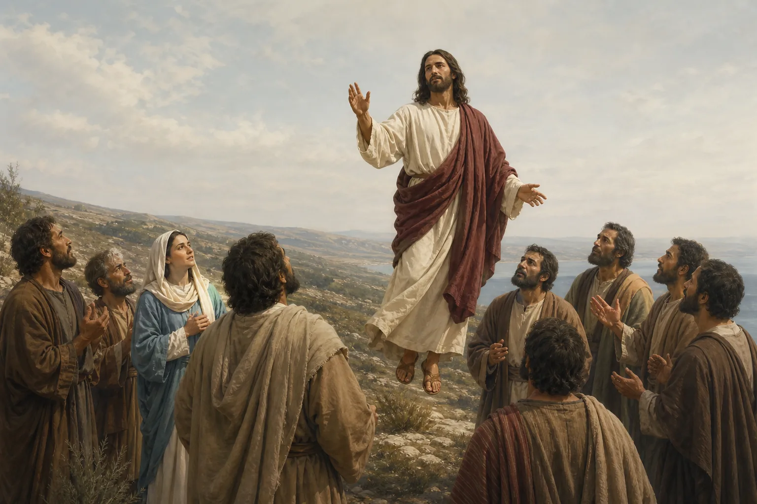 Jésus bénit les disciples rassemblés sur une colline avant son Ascension