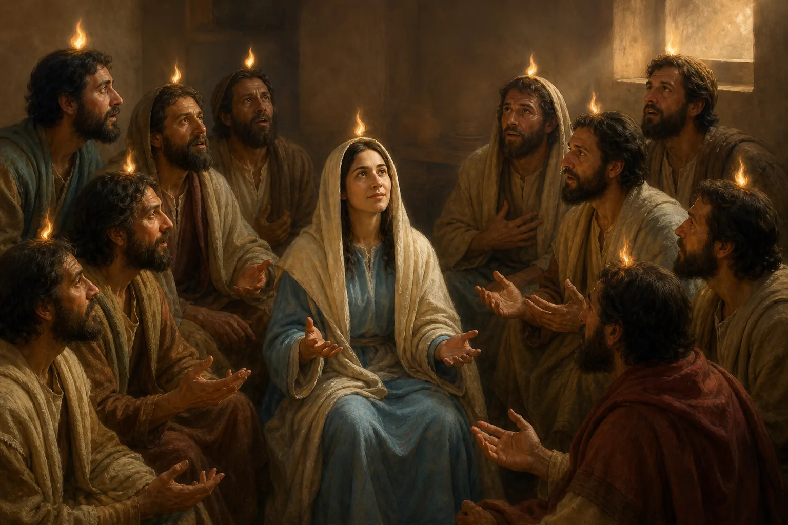 Marie et les apôtres reçoivent ensemble l’Esprit Saint dans la chambre haute