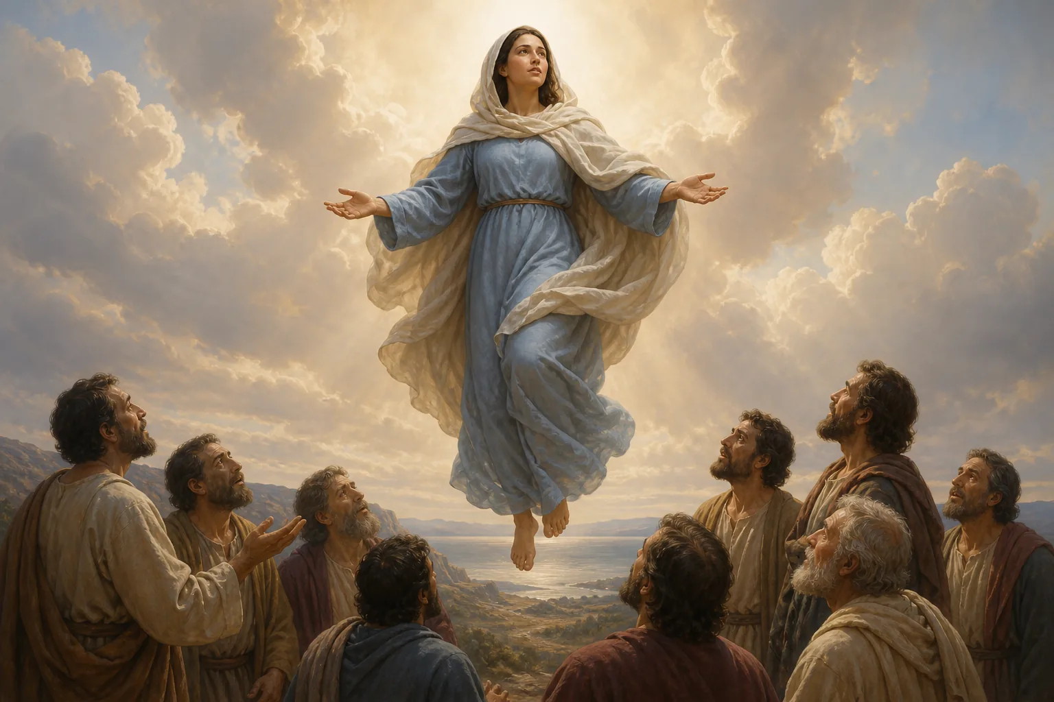 Marie est accueillie dans une lumière ascendante sous le regard des disciples