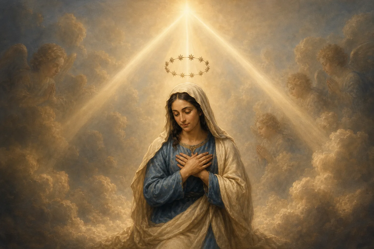 Marie s’incline humblement sous une couronne de douze étoiles dans une lumière dorée