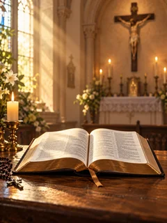 Une Bible ouverte dans une église, devant un crucifix.