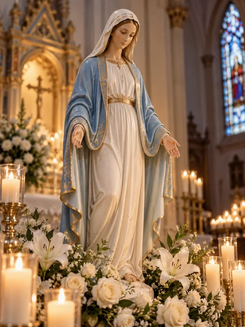 Statue de la Vierge Marie entourée de fleurs et de bougies