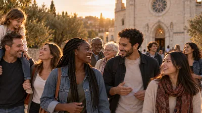Des adultes échangent en marchant devant une église.