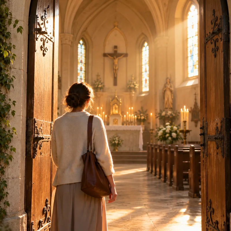 Femme entrant dans une église catholique