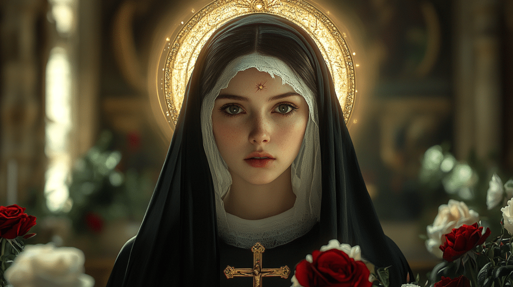 Portrait sacré de Sainte Rita avec auréole dorée et croix en main, entourée de roses rouges et blanches, symbole d’intercession divine.
