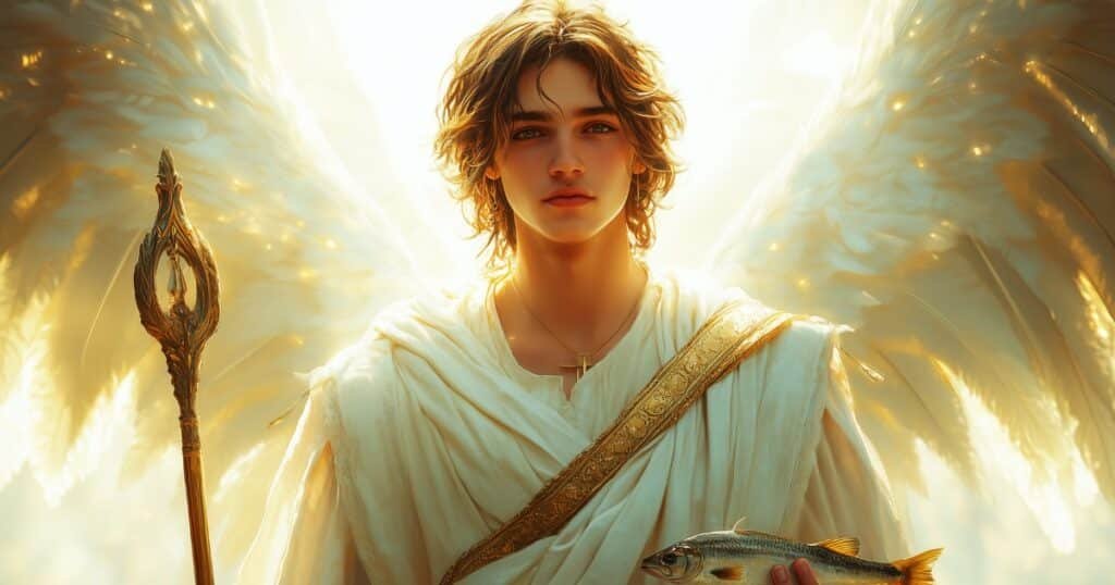 Portrait sacré de Saint Raphaël Archange avec ses ailes, un poisson et un bâton de pèlerin, symbole de guérison et de guidance divine.