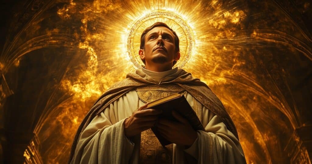 Portrait sacré de Saint Thomas d’Aquin, tenant un livre, entouré de lumière céleste dans une église gothique, symbole de sagesse divine et de contemplation.