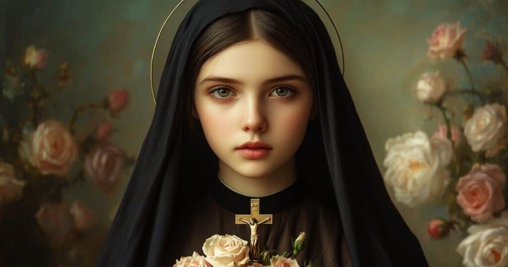 Sainte Thérèse de Lisieux tenant des roses avec une auréole, symbolisant sa pluie de grâces