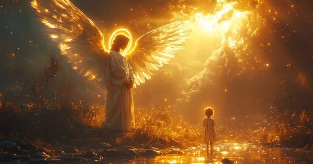 Ange gardien lumineux veillant sur un enfant