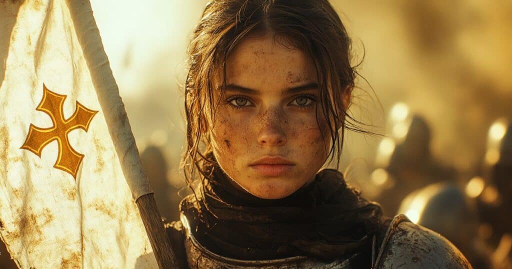 Jeanne d’Arc en armure, tenant un étendard