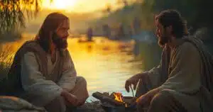 Jésus et Pierre près d’un feu au bord de l’eau, illustration de Jean 21.