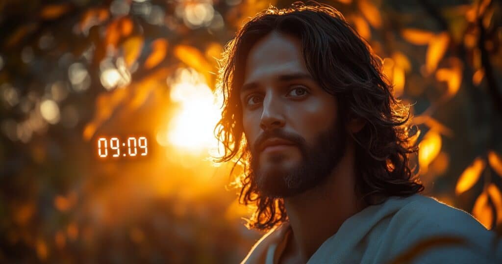 Jésus dans la lumière du matin avec l’heure 09h09, symbolisant la prière de Tierce.