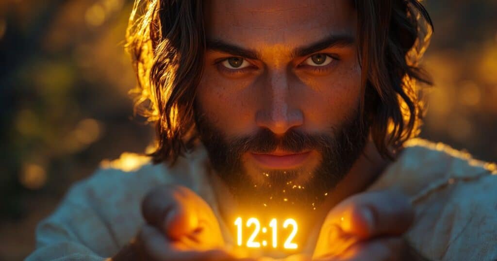 Jésus-Christ tenant l’heure 12h12 dans ses mains, symbolisant la prière de Sexte et la paix du zénith.