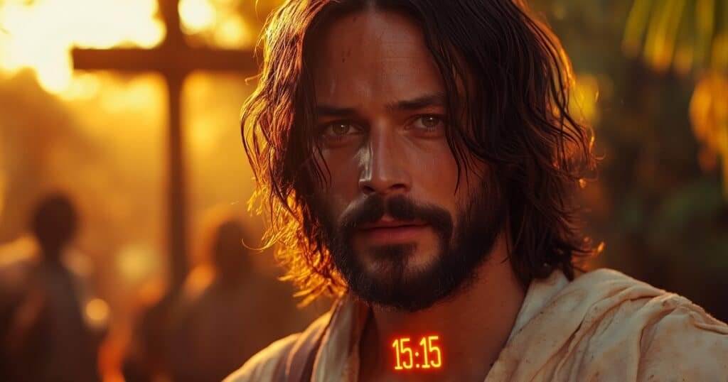 Jésus devant une croix au soleil couchant, avec l’heure 15h15 inscrite