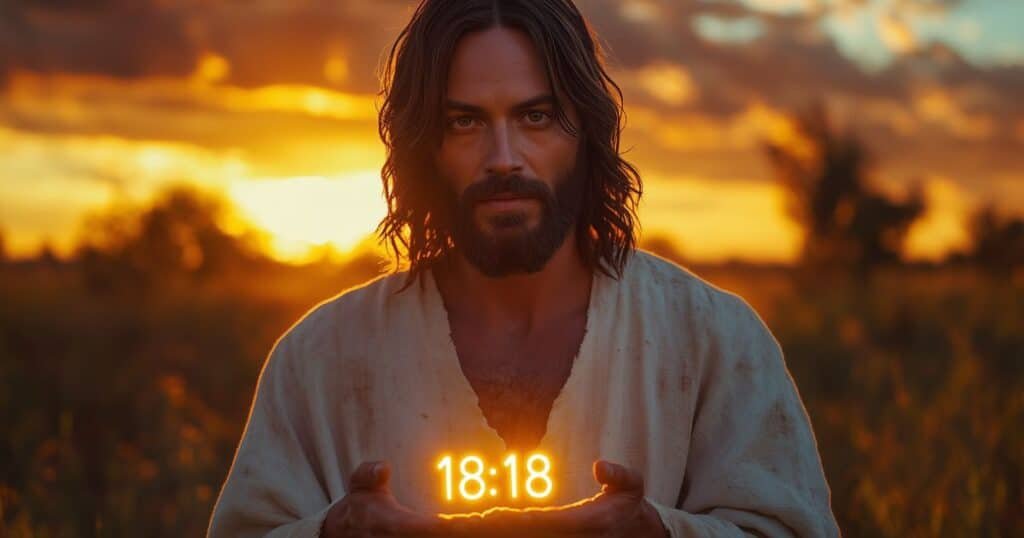 Jésus dans un champ au coucher du soleil, tenant la lumière de l’heure 18h18 dans ses mains, symbole de la prière de Vêpres
