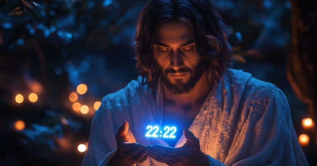 Jésus dans la nuit, tenant la lumière de l’heure 22h22 dans ses mains, symbole de la prière de Complies et du repos en Dieu.