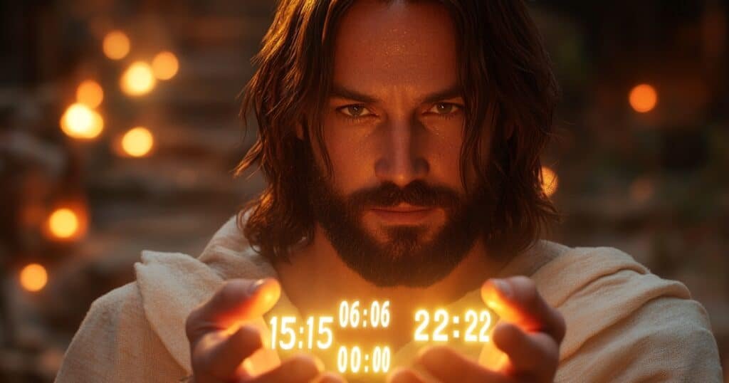 Jésus tenant des heures miroir lumineuses dans ses mains