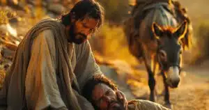 Un homme secourt un blessé près d’un âne, illustration du bon Samaritain.