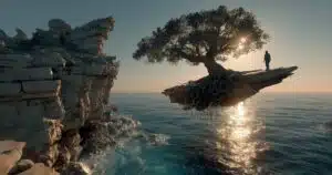 Un arbre et une silhouette au-dessus de la mer, illustration symbolique de Luc 17.