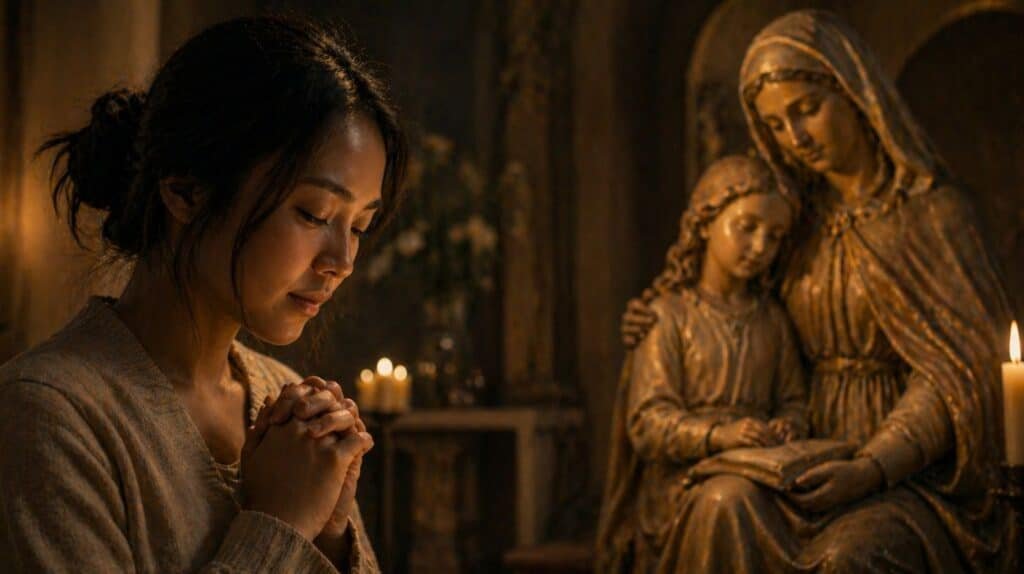 Mère en prière avec sainte Anne pour apaiser un enfant la nuit