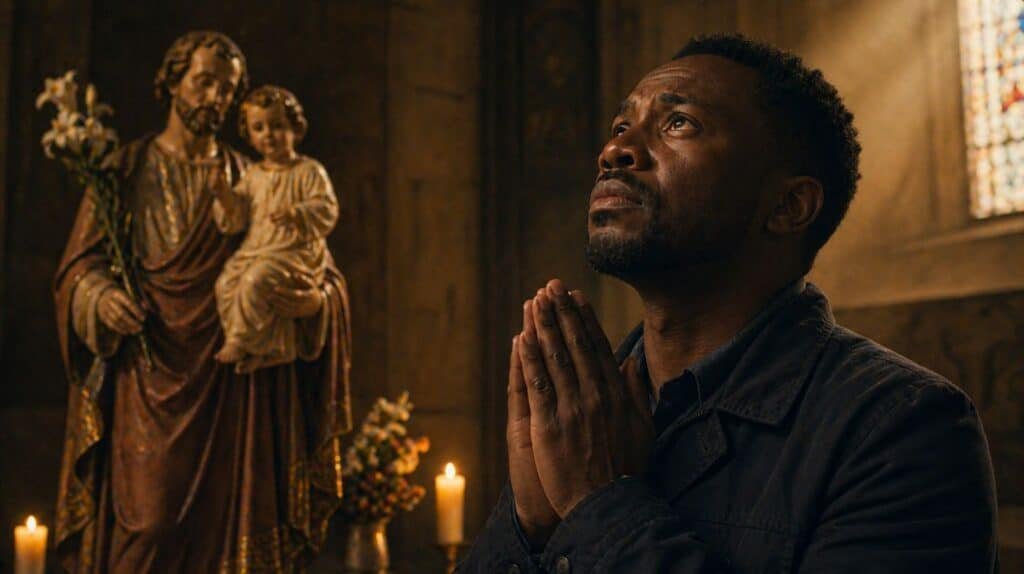 Homme en pri??re devant saint Joseph pour l???avenir financier