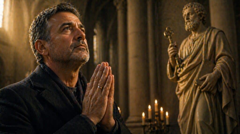 Homme en prière avec saint Pierre pour porter une responsabilité