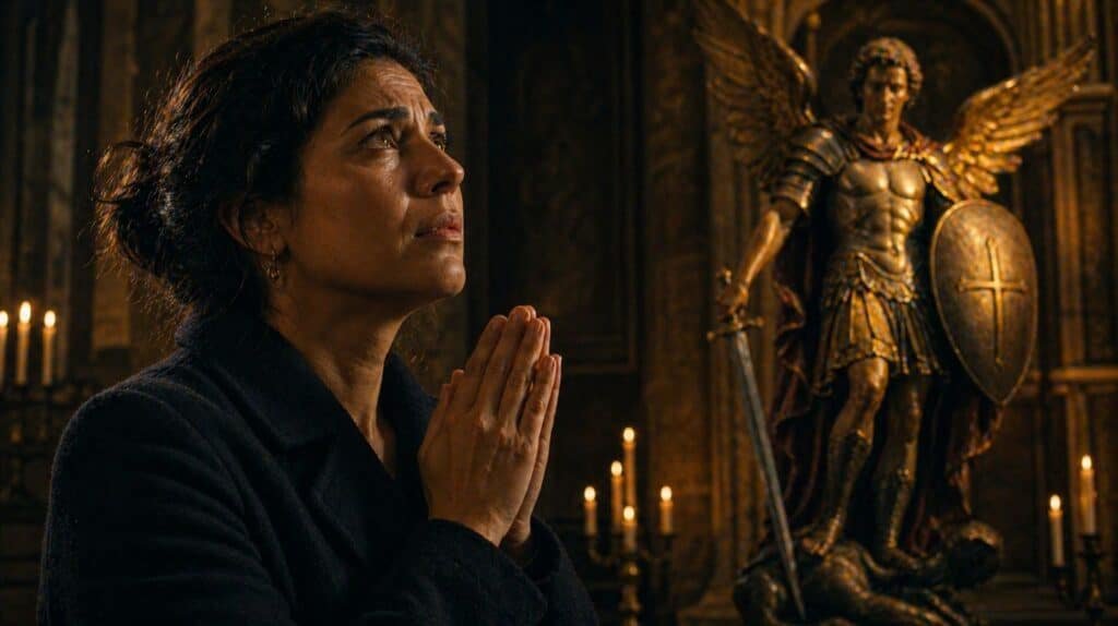 Femme en pri??re devant saint Michel pour prot??ger sa famille