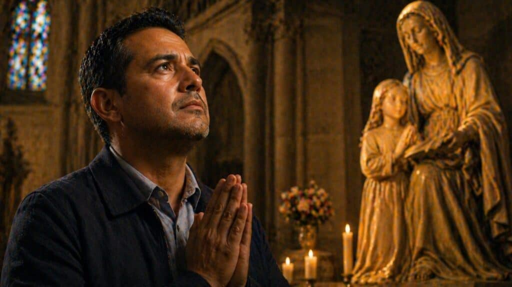 Père en prière avec sainte Anne pour protéger ses enfants