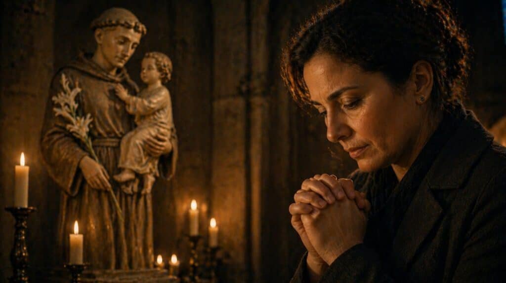 Femme en prière devant saint Antoine pour retrouver un objet perdu