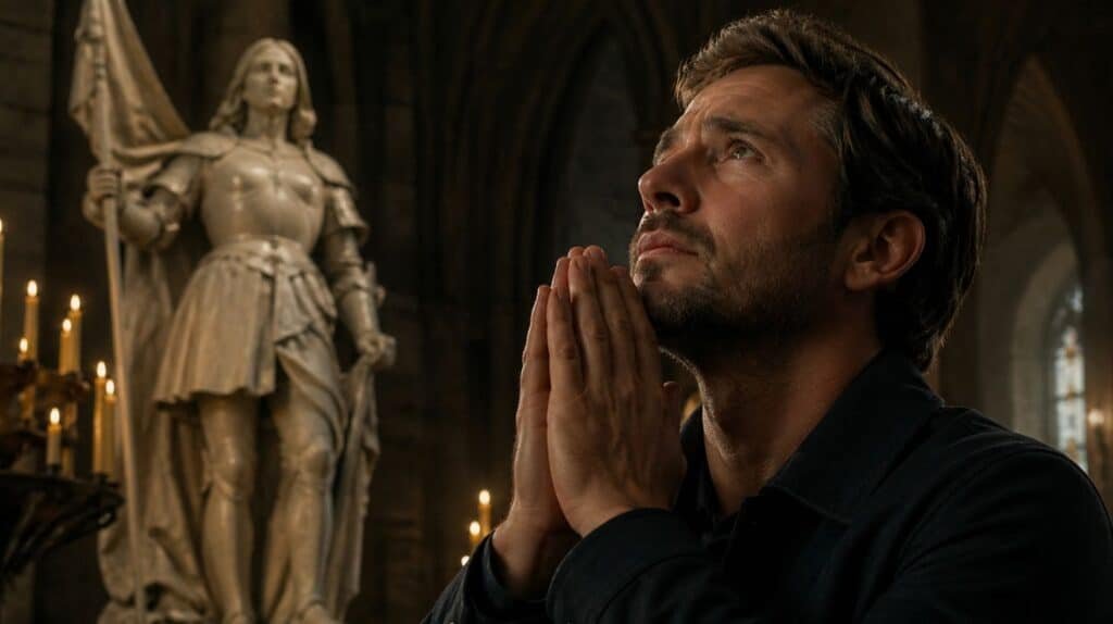 Homme en prière devant sainte Jeanne d’Arc après un échec personnel