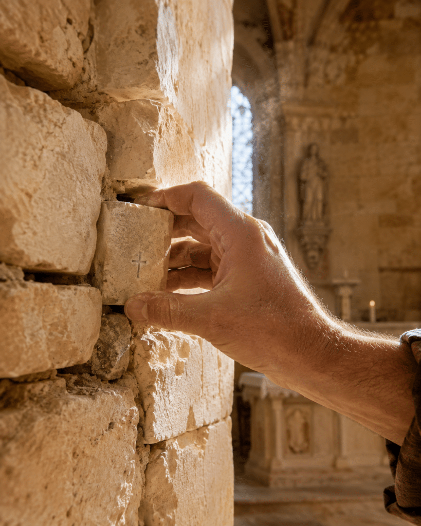 Une main pose une pierre dans le mur ancien d’une chapelle en restauration