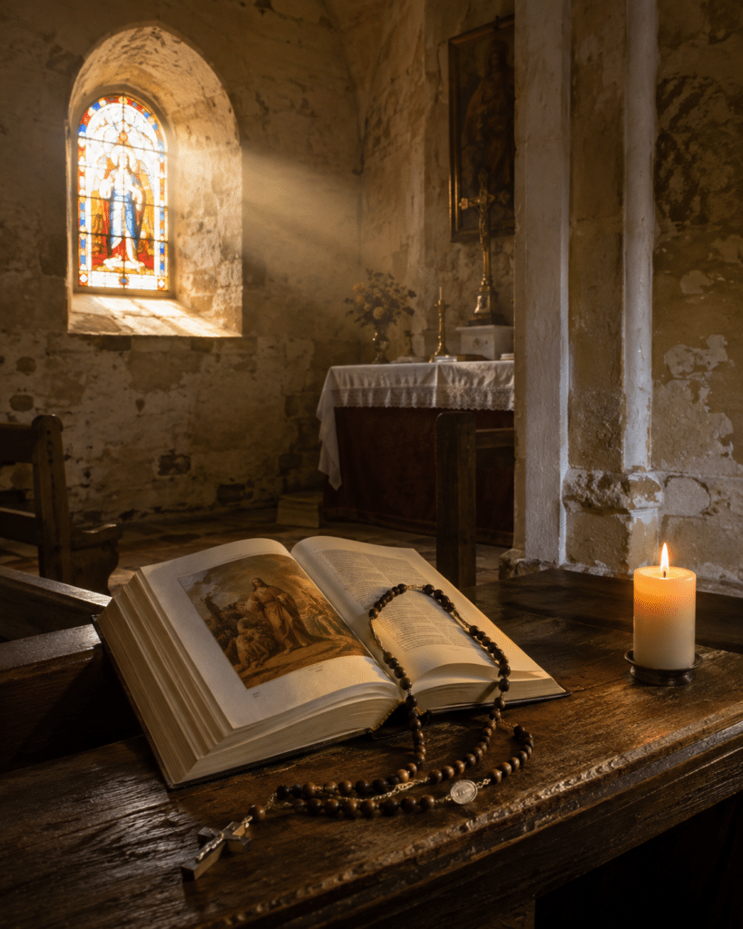 Un Évangile ouvert et un chapelet éclairés par une bougie dans une chapelle ancienne