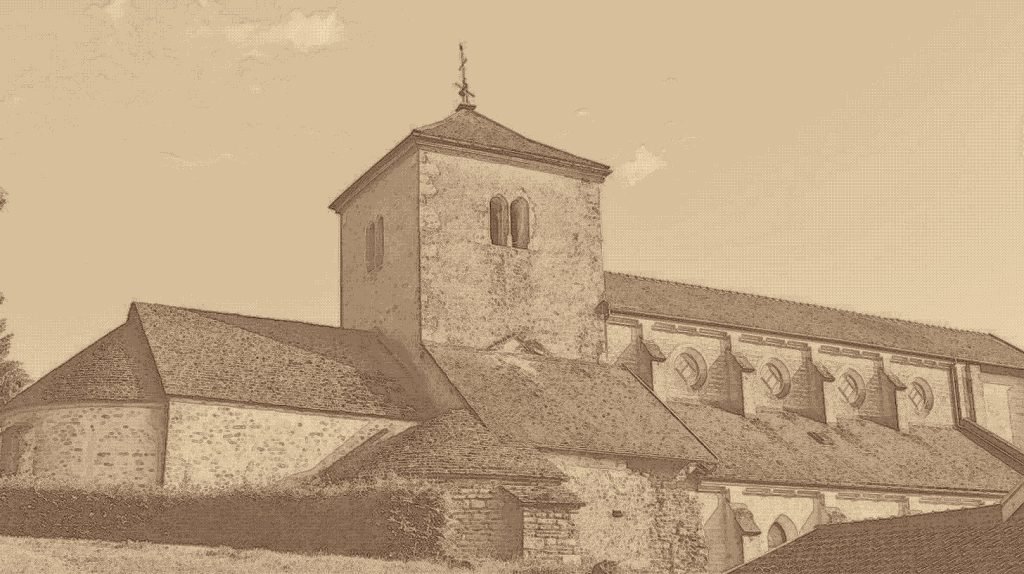 Chevet, clocher et nef de Notre-Dame de Salmaise en Côte-d’Or, illustration sépia