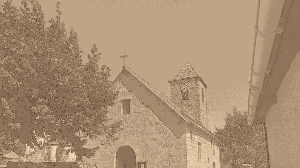 Façade en pierre et clocher de Notre-Dame de la Colle à Sauze, illustration sépia