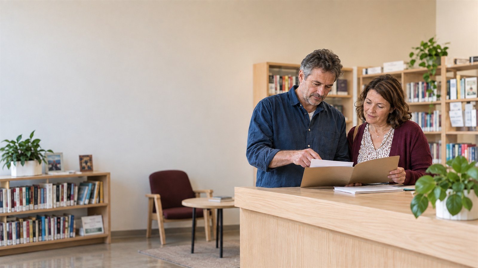 Un homme et une femme examinent ensemble des documents dans un dossier, debout devant un comptoir en bois.