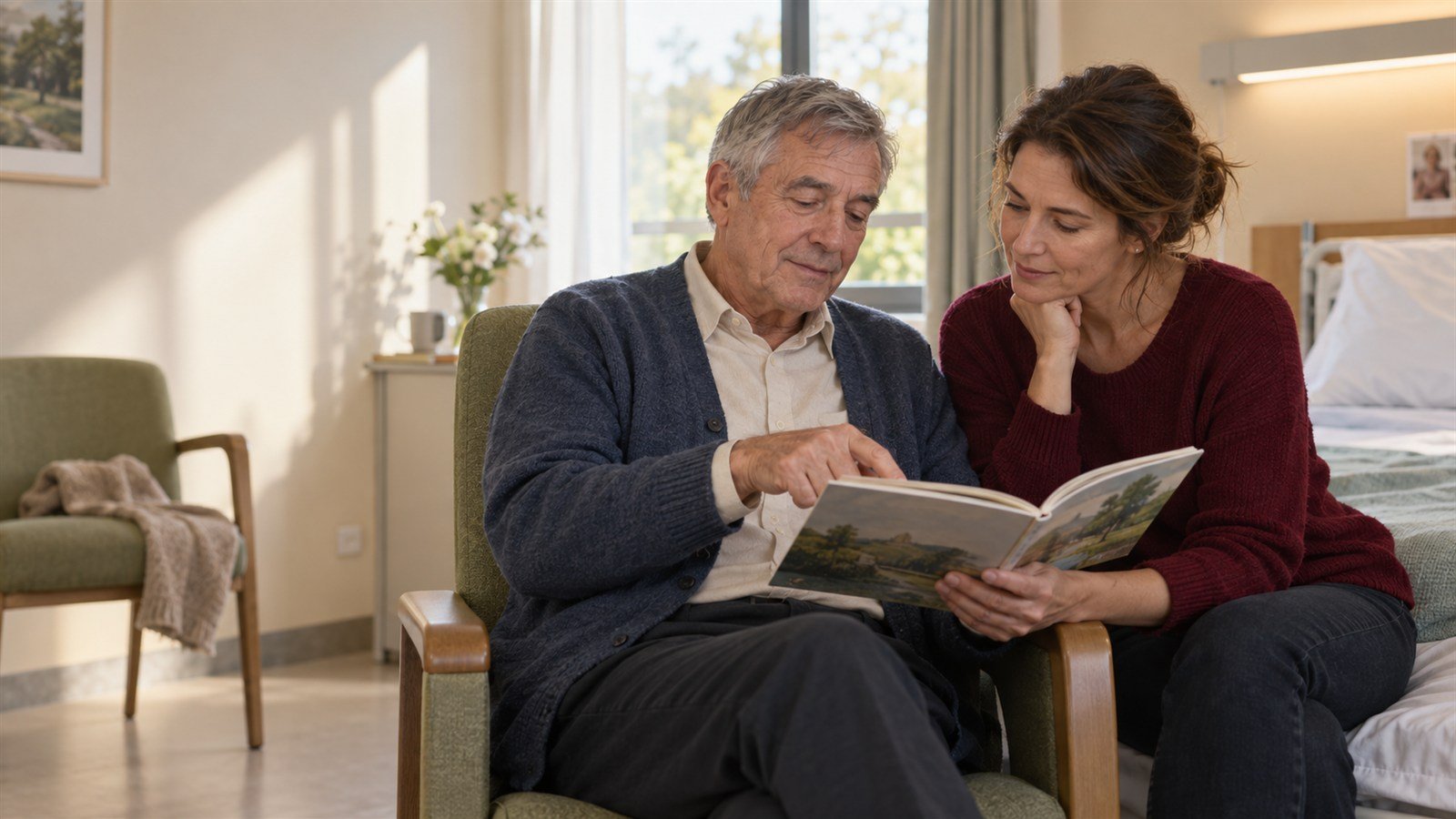 Un homme assis dans un fauteuil et une femme assise près de lui regardent ensemble un livre ouvert, dans une chambre avec un lit.