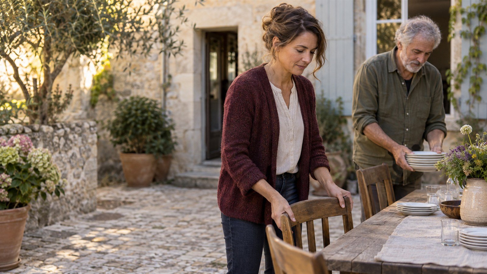 Dans une cour pavée, une femme place une chaise près d'une table pendant qu'un homme tient une pile d'assiettes.