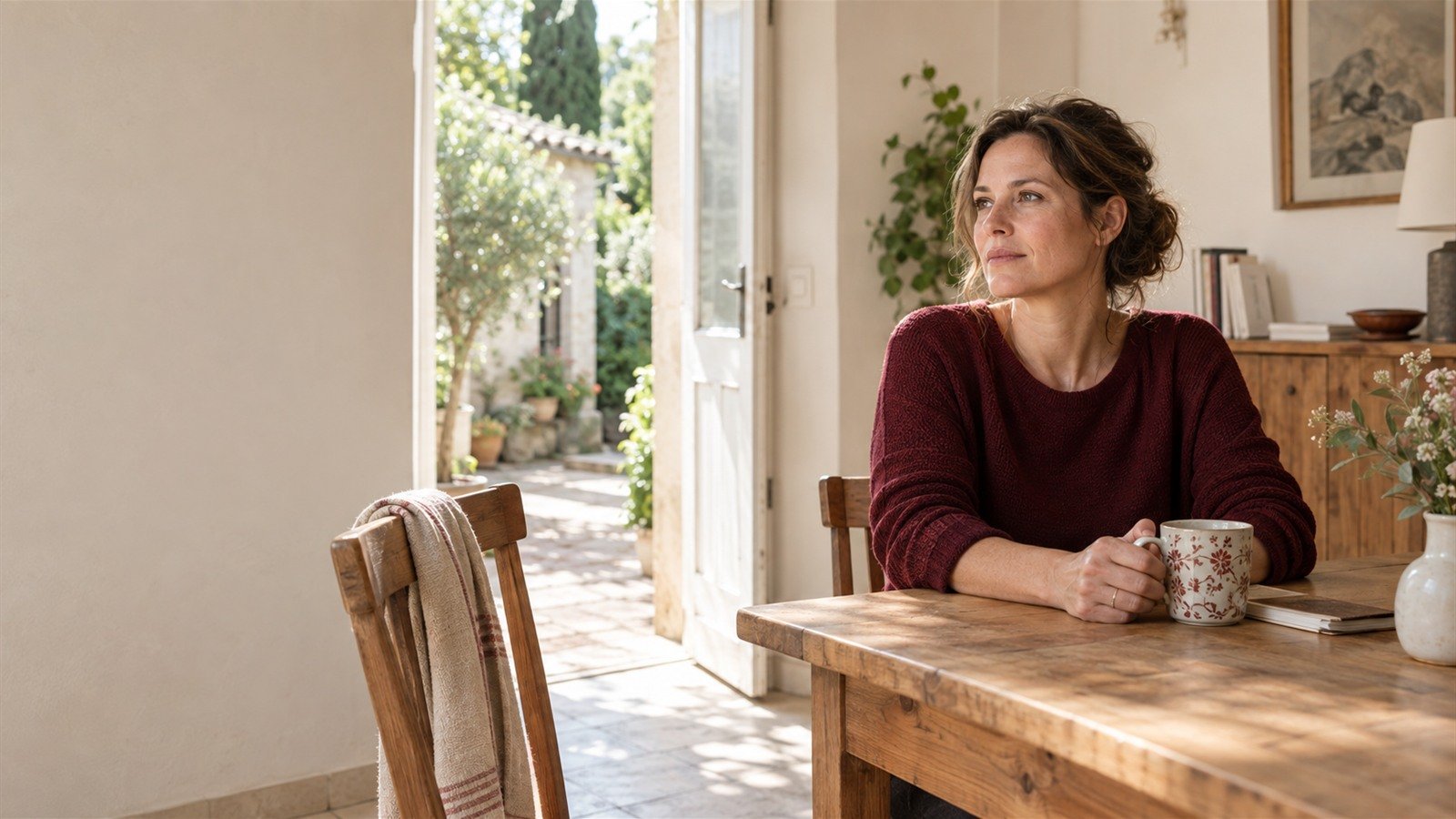 Une femme en pull bordeaux assise à une table, près d'une chaise libre et d'une porte ouverte sur une cour végétalisée.