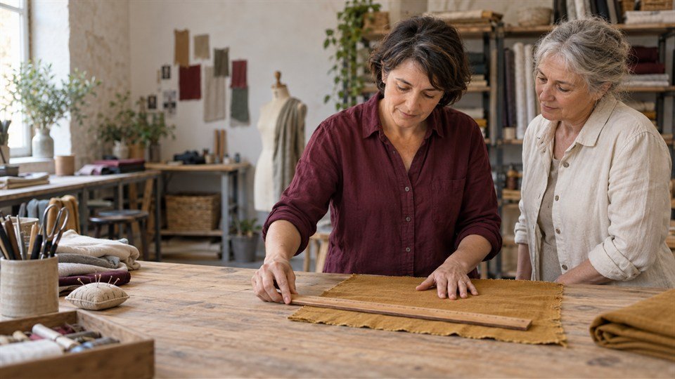 Dans un atelier, une femme mesure un tissu ocre sur une table sous le regard attentif de sa voisine.