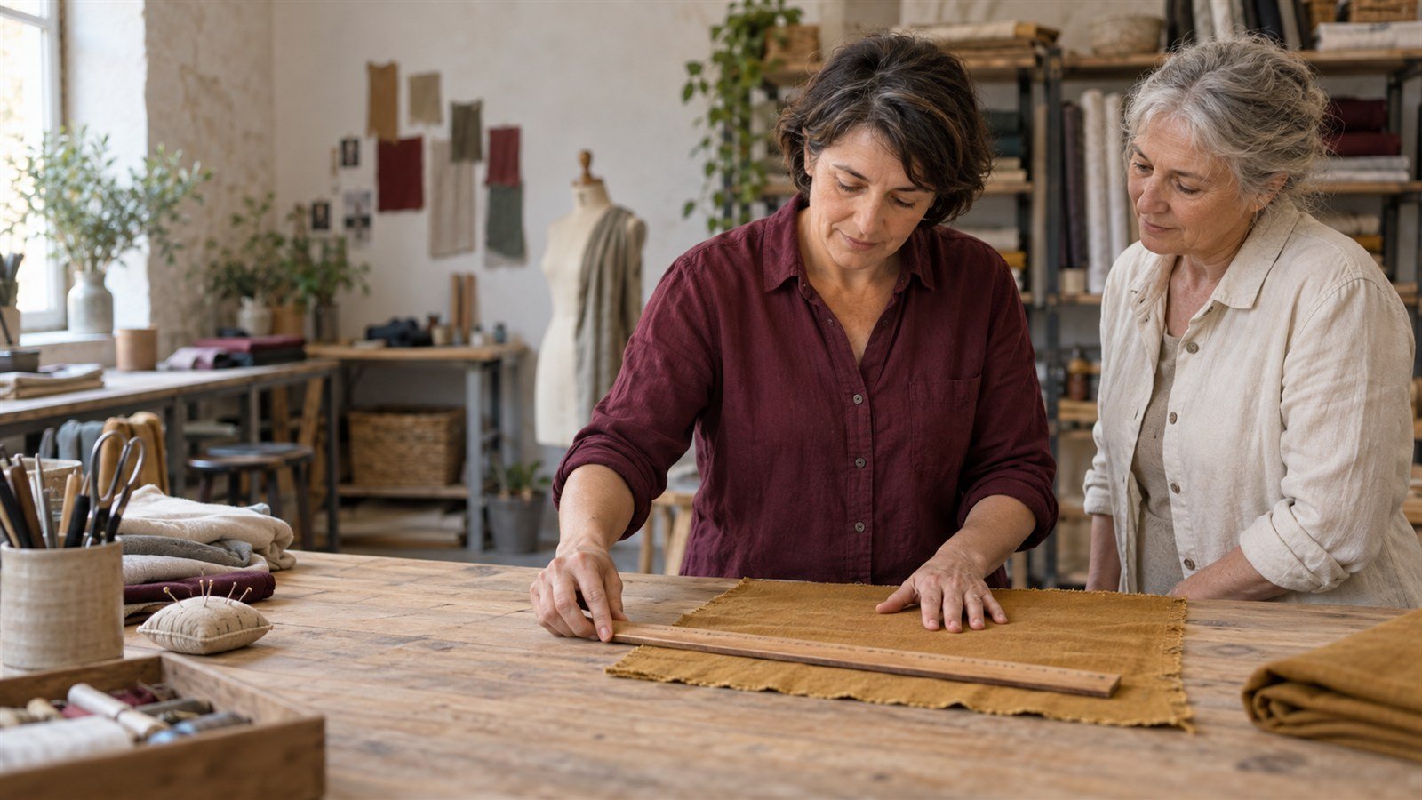 Dans un atelier, une femme mesure un tissu ocre sur une table sous le regard attentif de sa voisine.